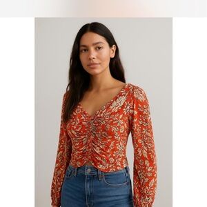 Free People Floral V-Neck Ruched Long Sleeve Orange Top